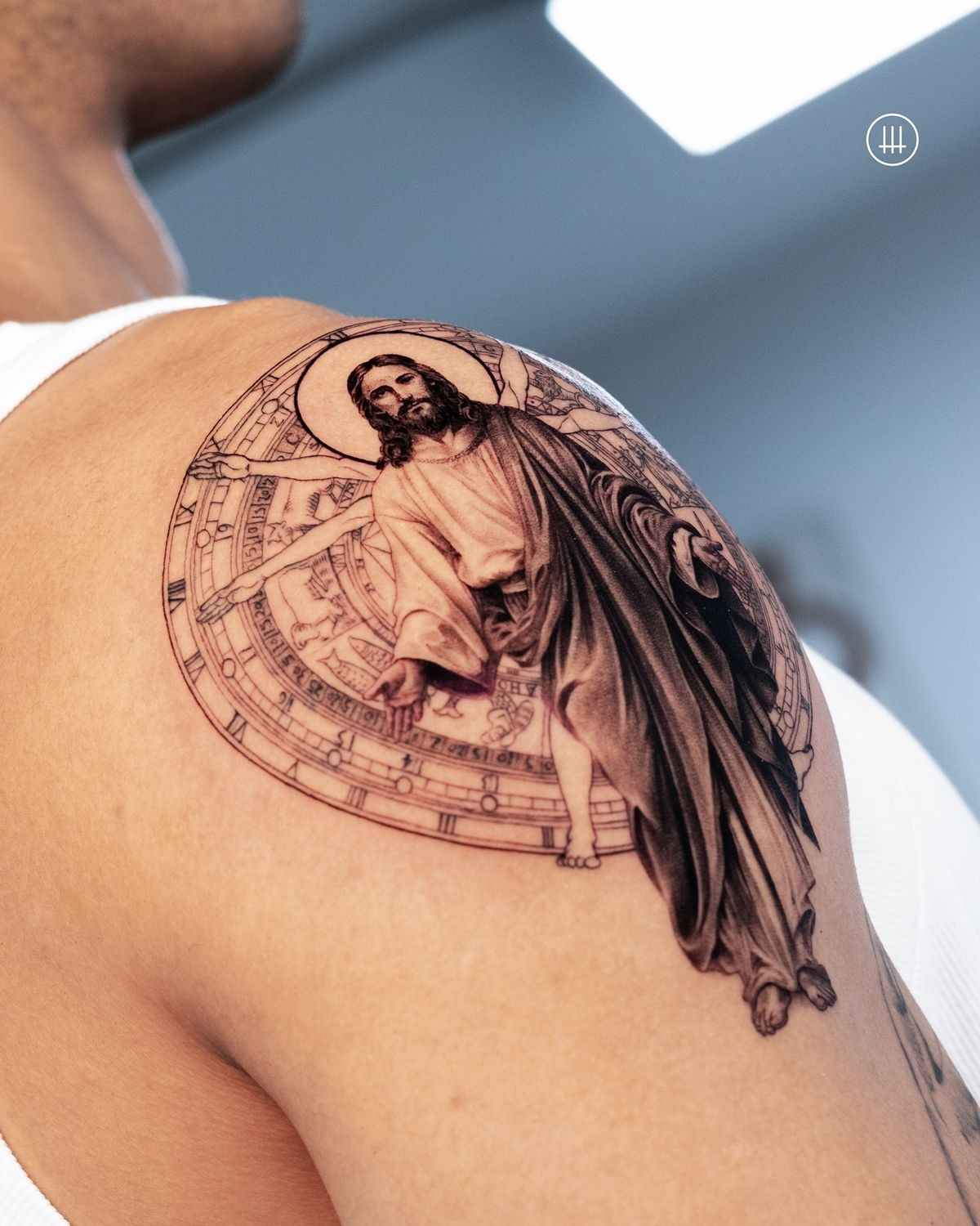 Jesus With Sacred Geometry Shoulder Tattoo Tattoo Design