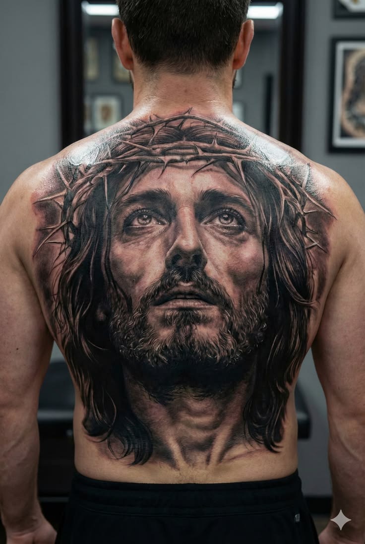 Monumental Jesus Face Back Tattoo Tattoo Design