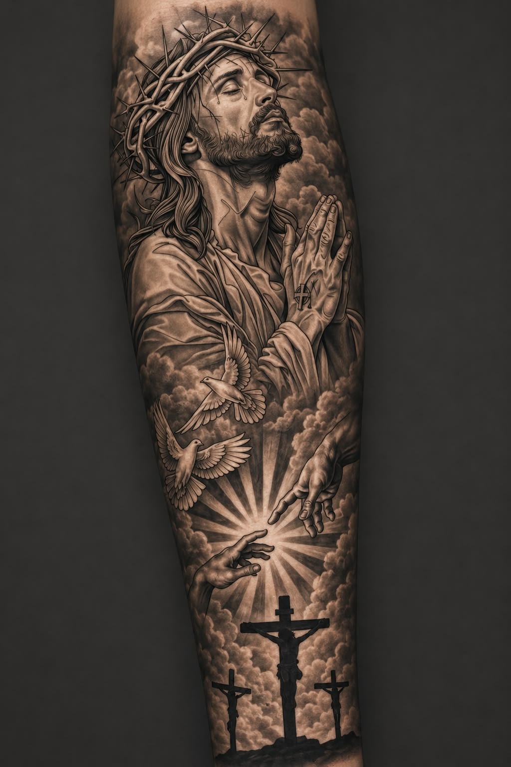 Praying Jesus Narrative Sleeve Tattoo Design