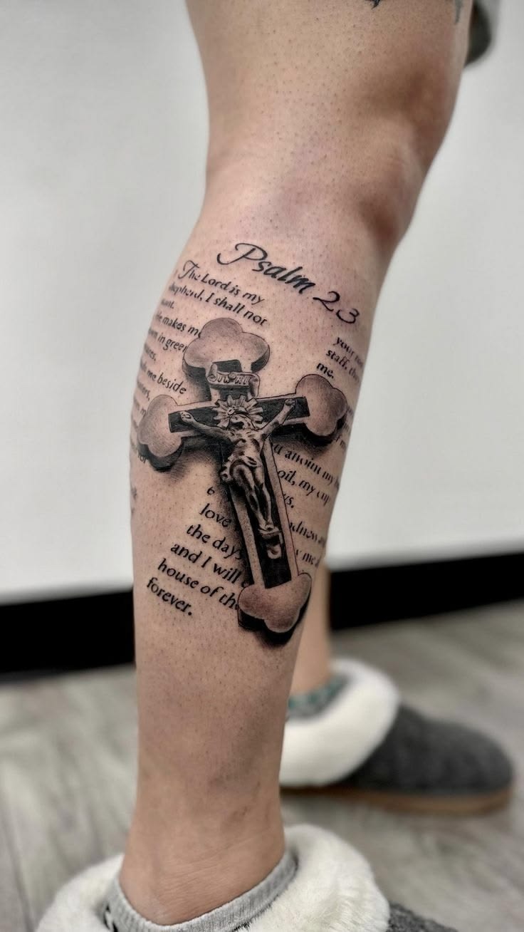 Psalm 23 Cross Leg Tattoo Tattoo Design