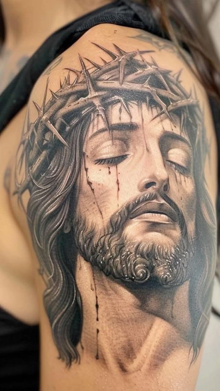 Realistic Crown of Thorns Shoulder Portrait Tattoo Design