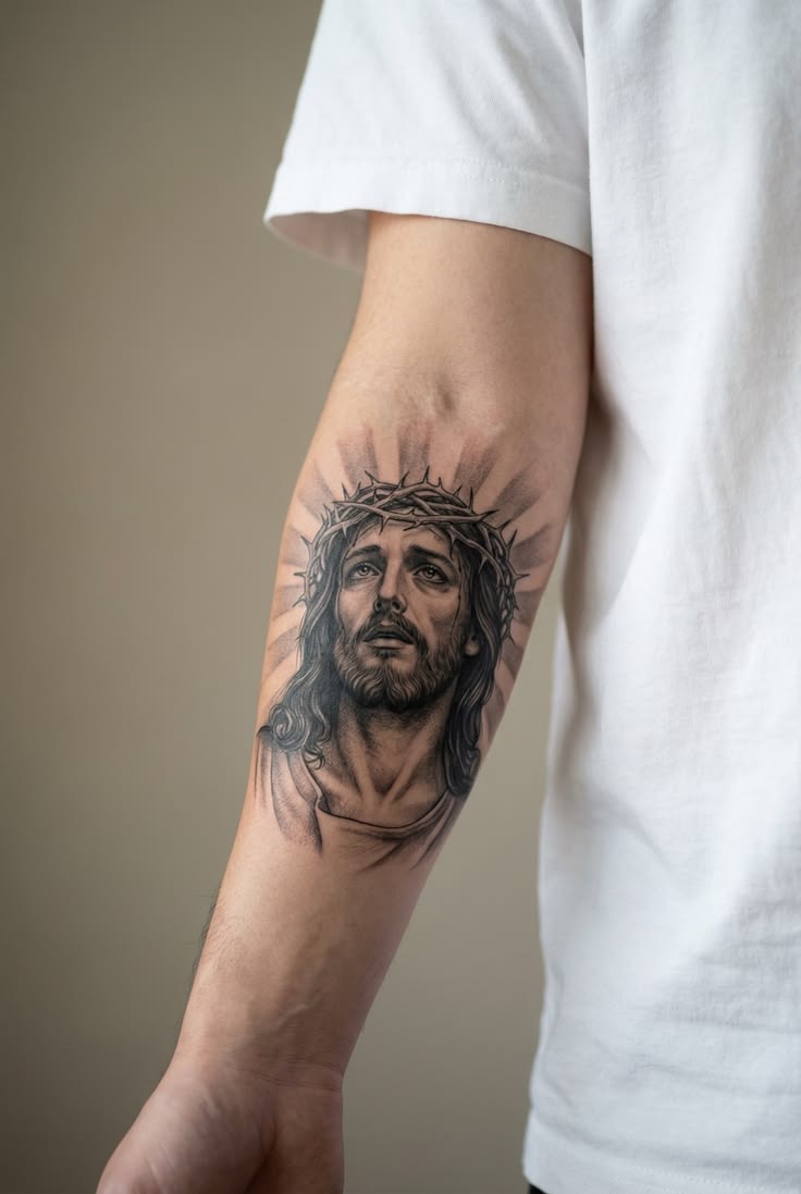 Soft Realism Crown of Thorns Portrait Tattoo Design