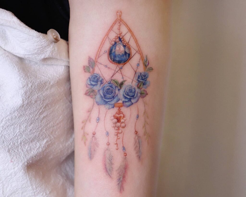Blue Rose and Crystal Dreamcatcher Tattoo Tattoo Design