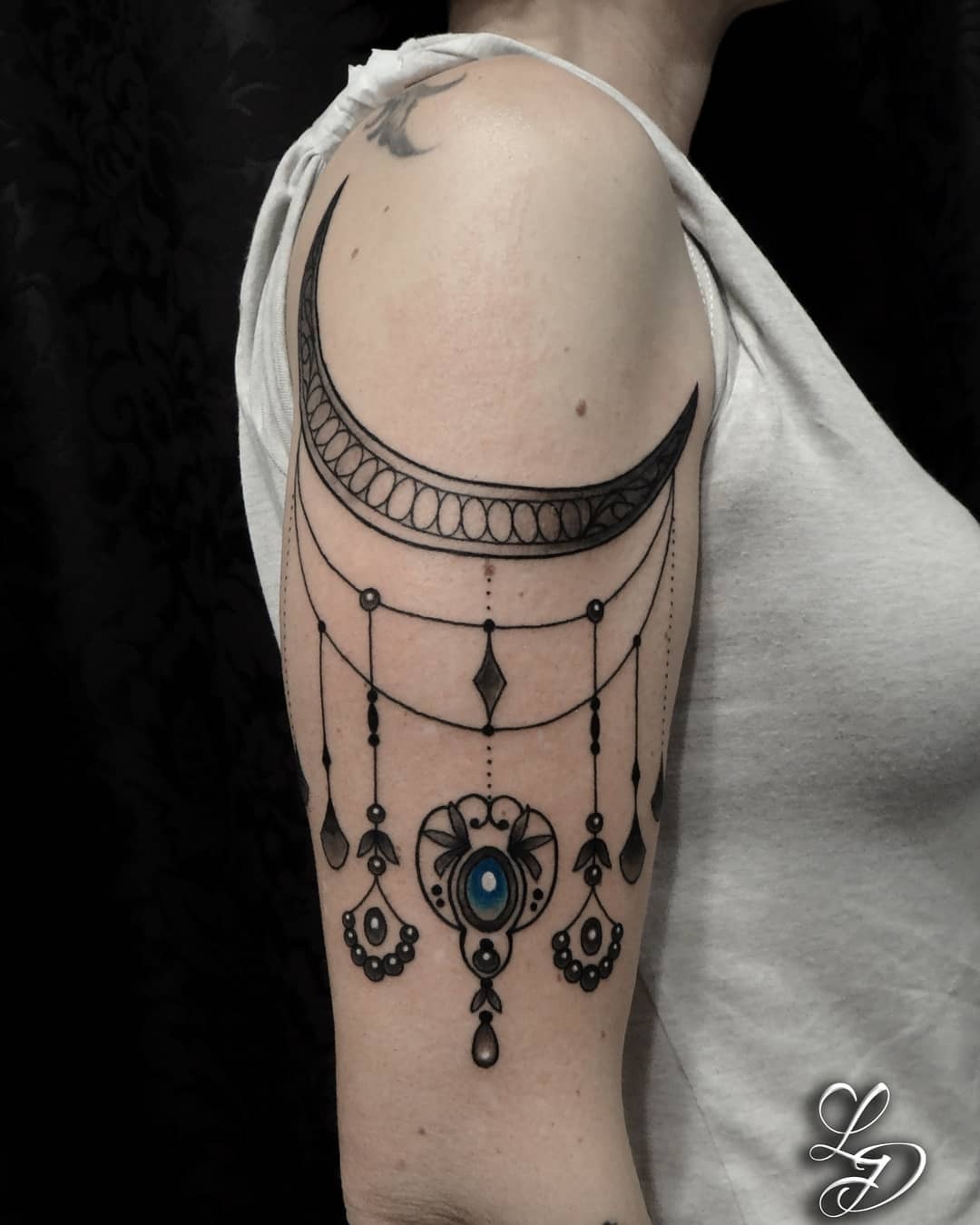 Crescent Moon and Ornamental Drape Tattoo Tattoo Design