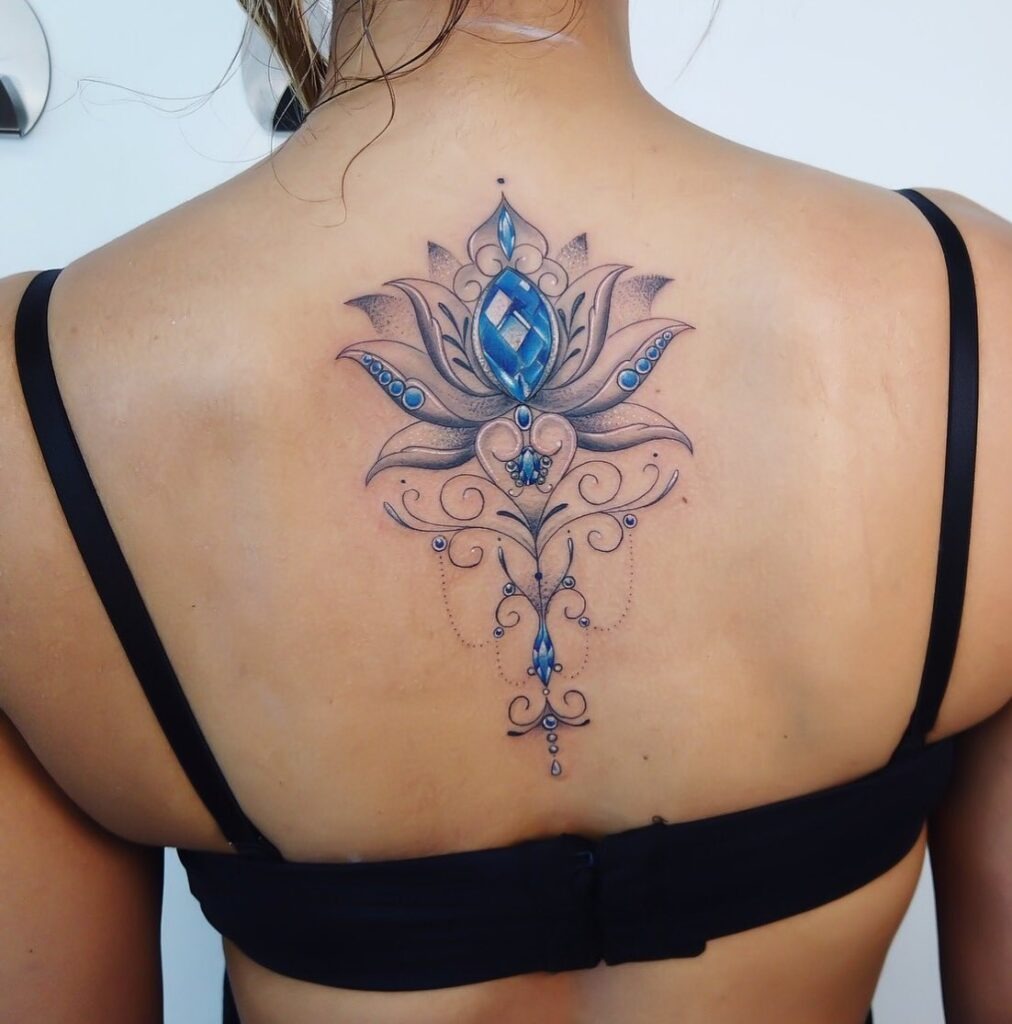 Elegant Blue Lotus Jewel Back Tattoo Tattoo Design