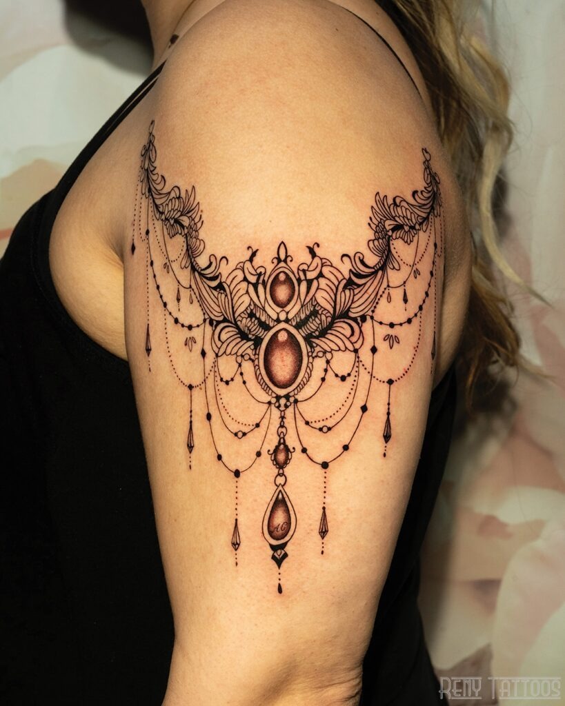 Elegant Filigree Jewel Shoulder Tattoo Tattoo Design