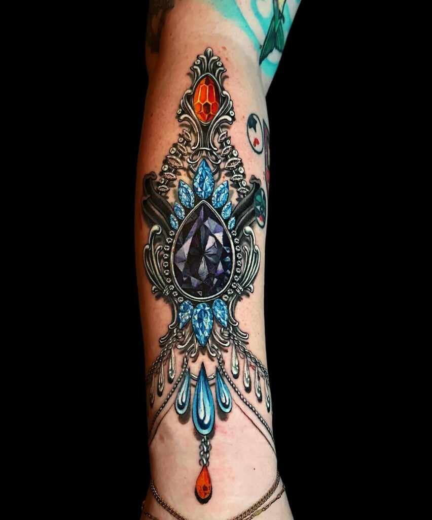 Gothic Jeweled Armor Tattoo on Forearm Tattoo Design