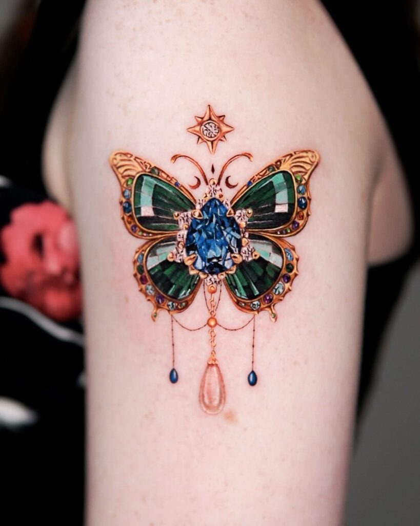 Jewel-Encrusted Butterfly Brooch Tattoo Tattoo Design
