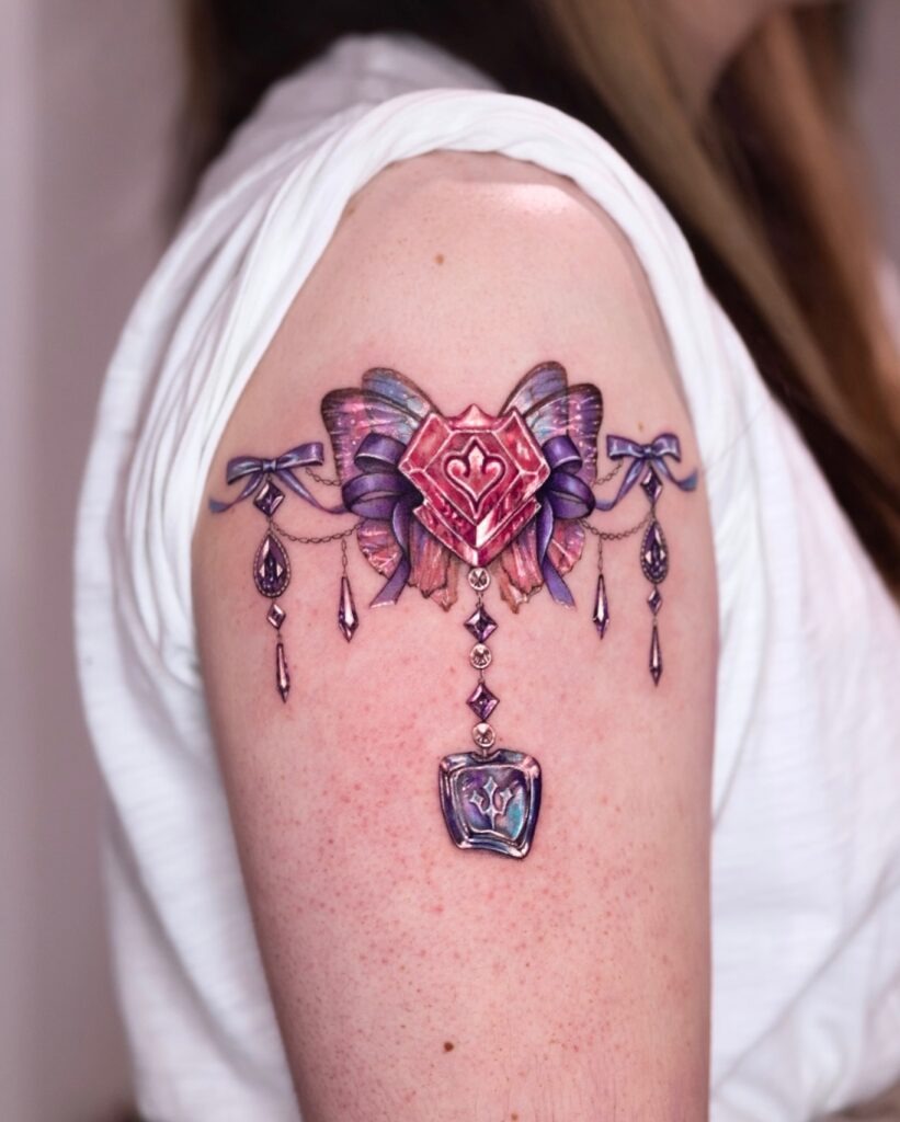 Magical Ribbon Gem and Butterfly Brooch Tattoo Tattoo Design