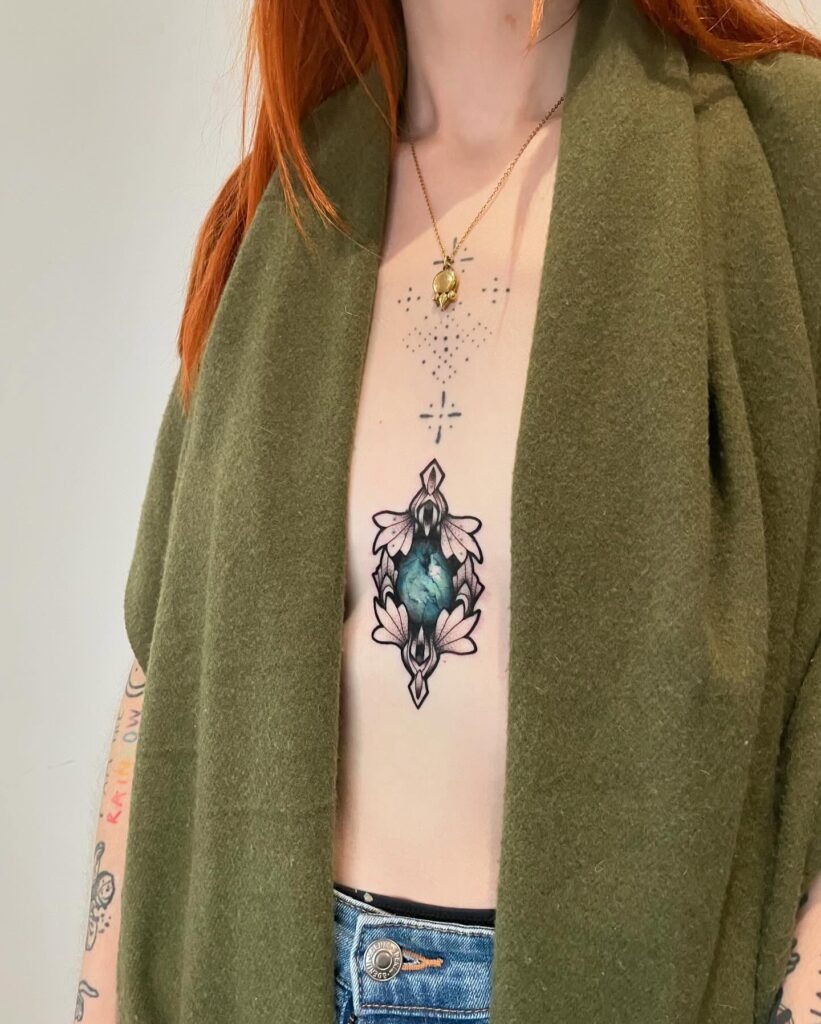 Ornamental Emerald Sternum Jewel Tattoo Tattoo Design