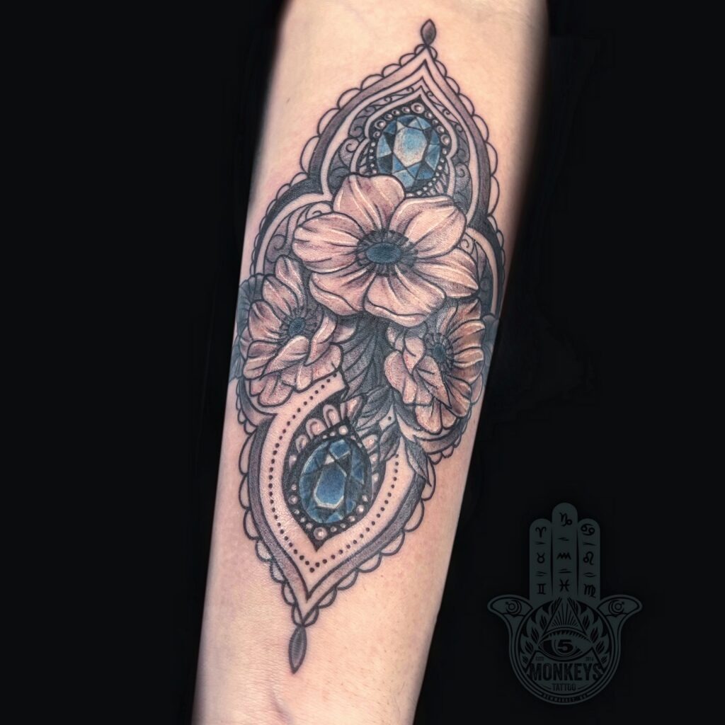 Ornamental Floral and Jewel Forearm Tattoo Tattoo Design