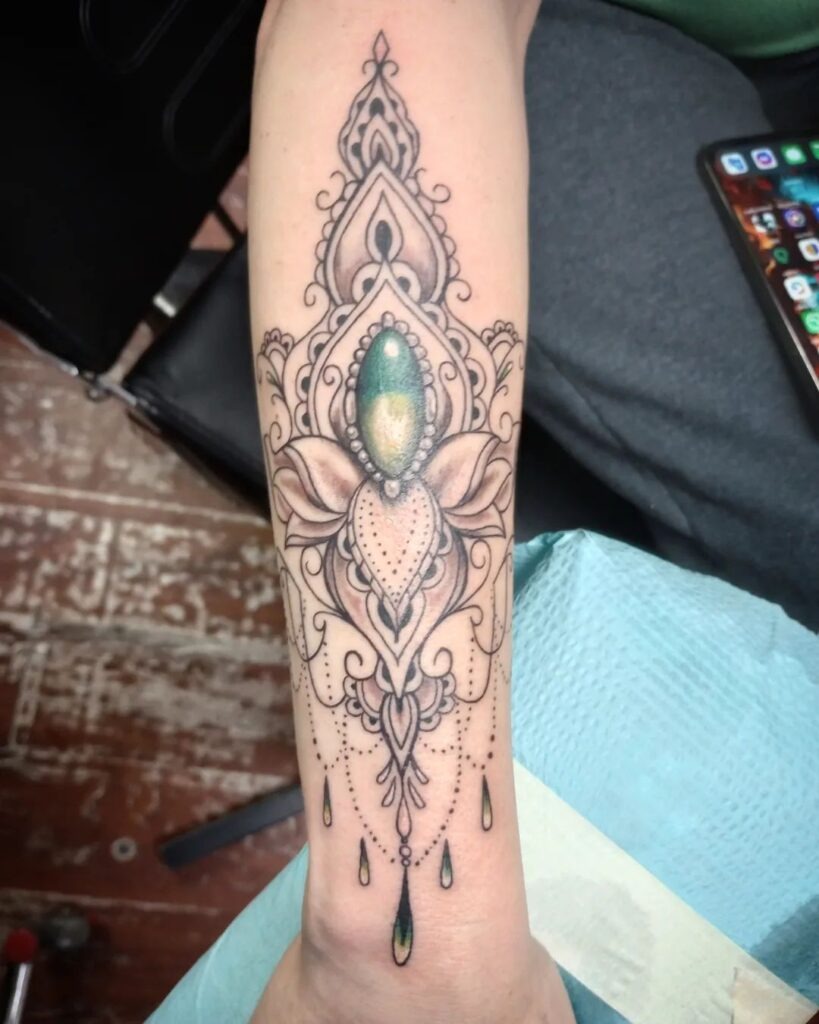 Ornamental Green Jewel Forearm Tattoo Tattoo Design