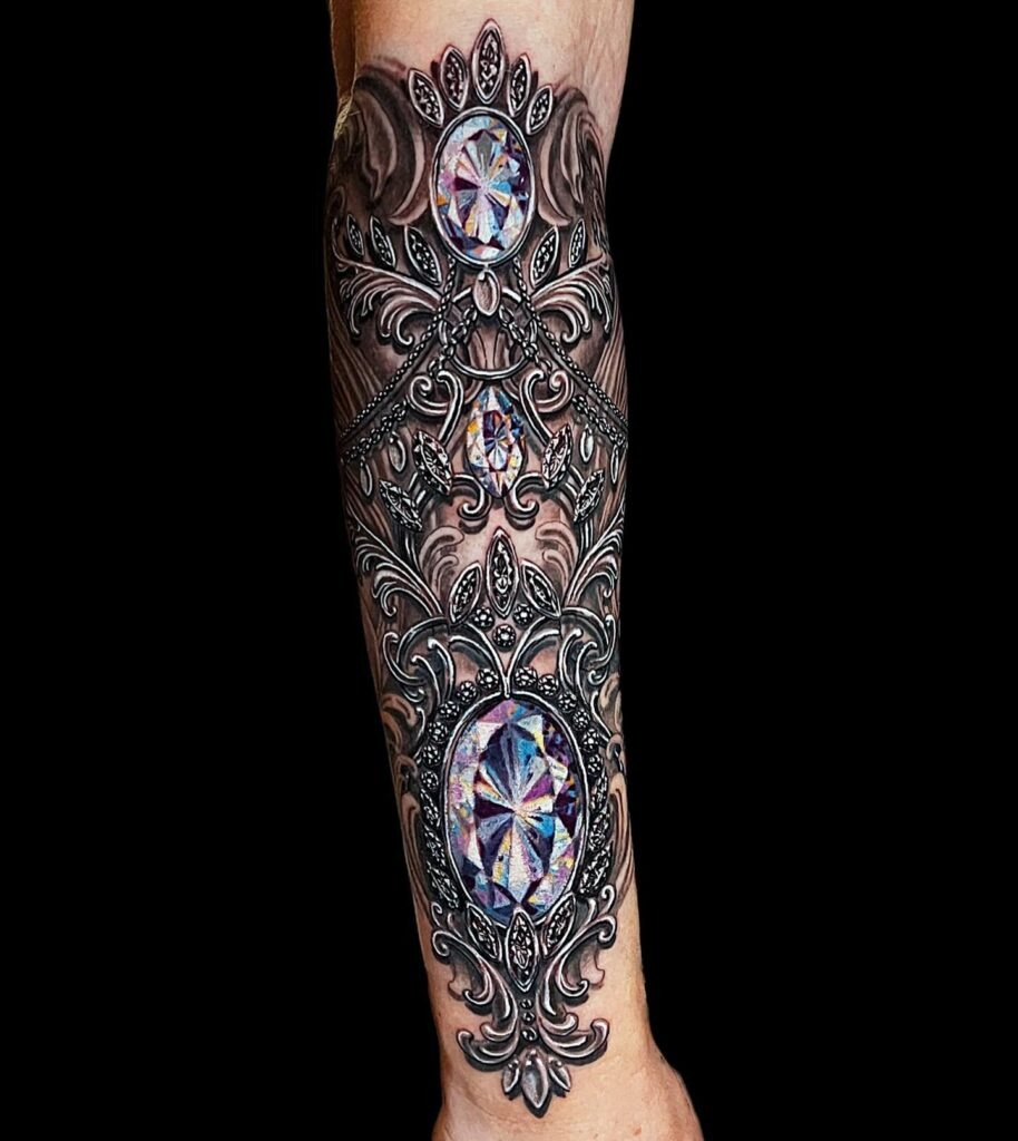 Ornate Diamond-Set Baroque Forearm Tattoo Tattoo Design