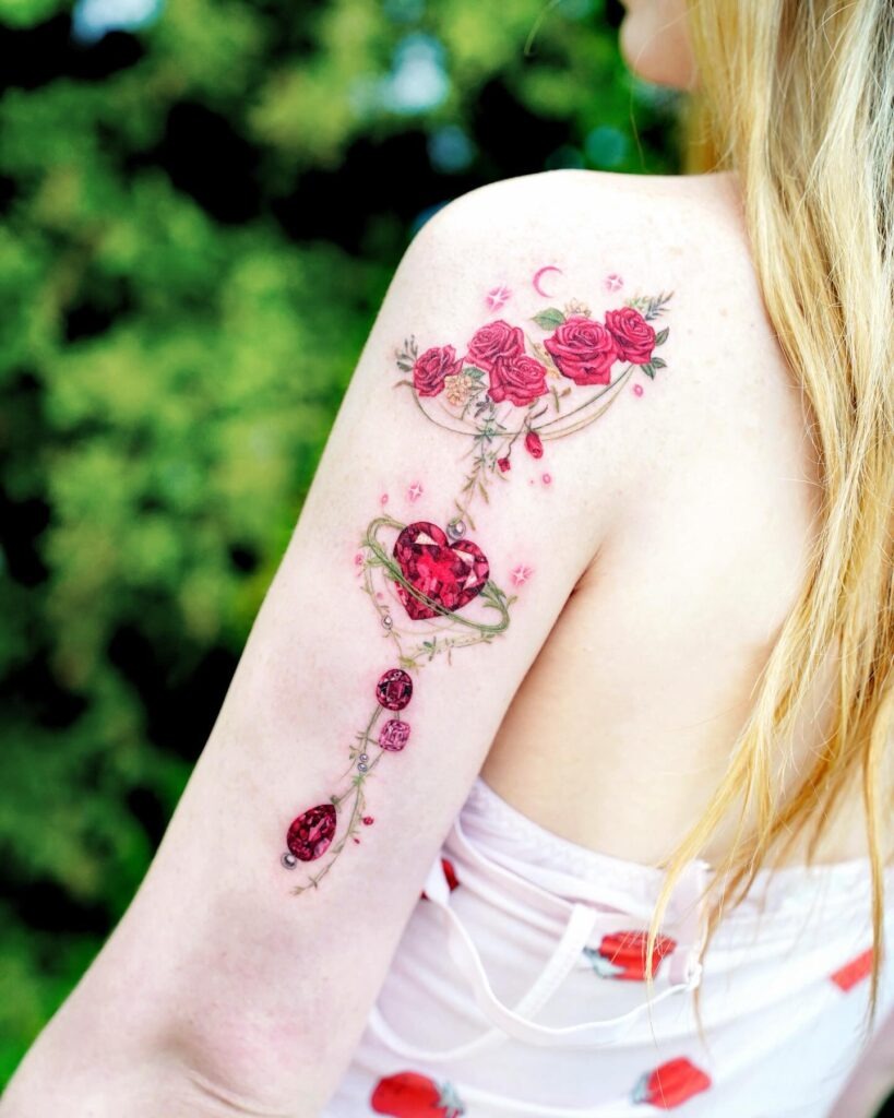Planetary Rose and Ruby Heart Shoulder Tattoo Tattoo Design