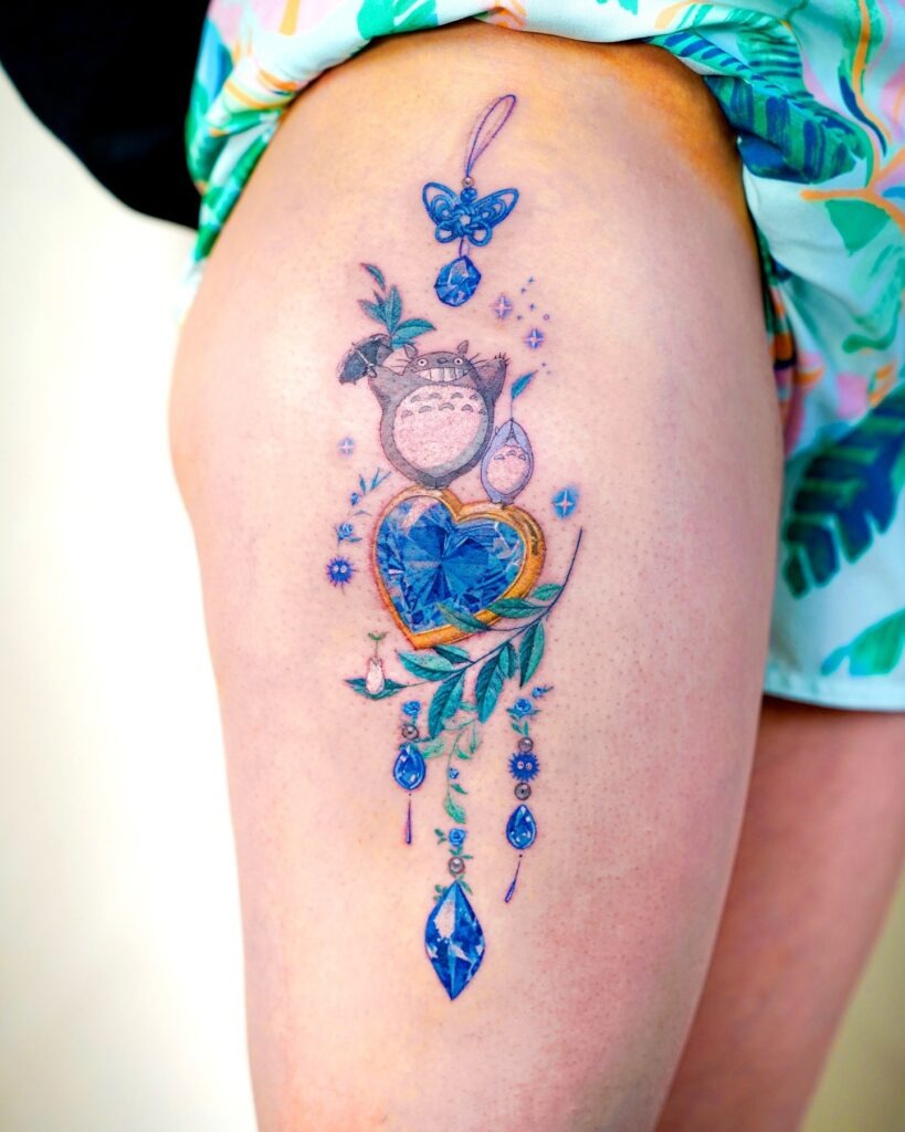 Totoro Jewel Cascade Thigh Tattoo Tattoo Design