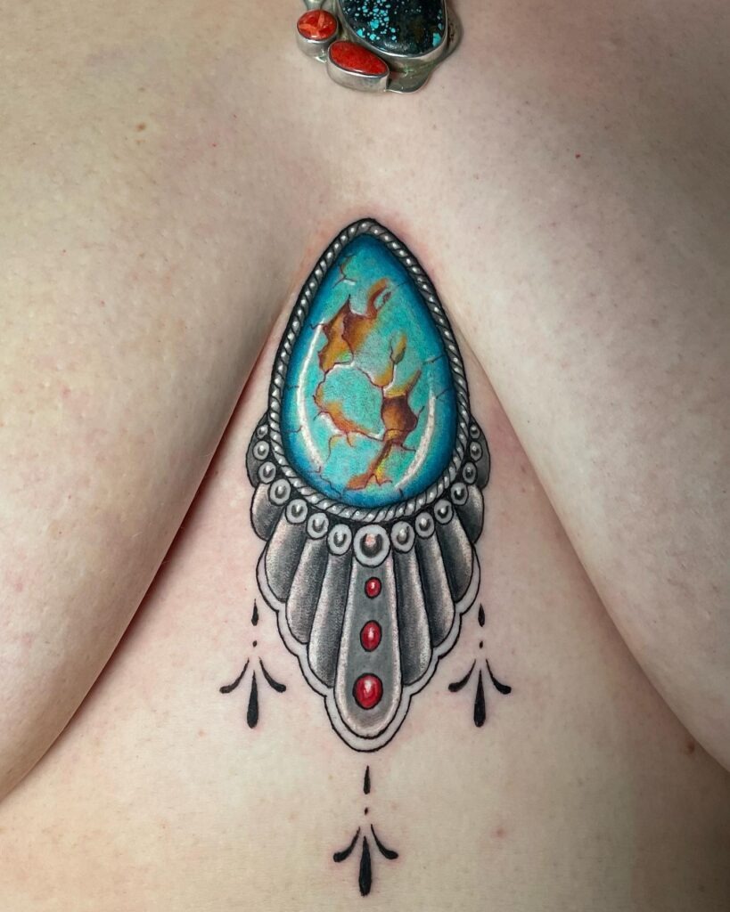 Turquoise Gemstone Sternum Tattoo with Beaded Frame Tattoo Design