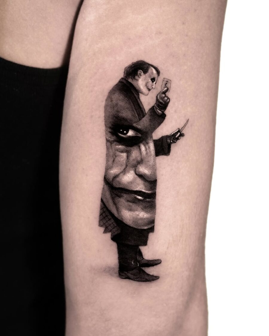 Intricate Joker Portrait Tattoo with Depth Tattoo Design