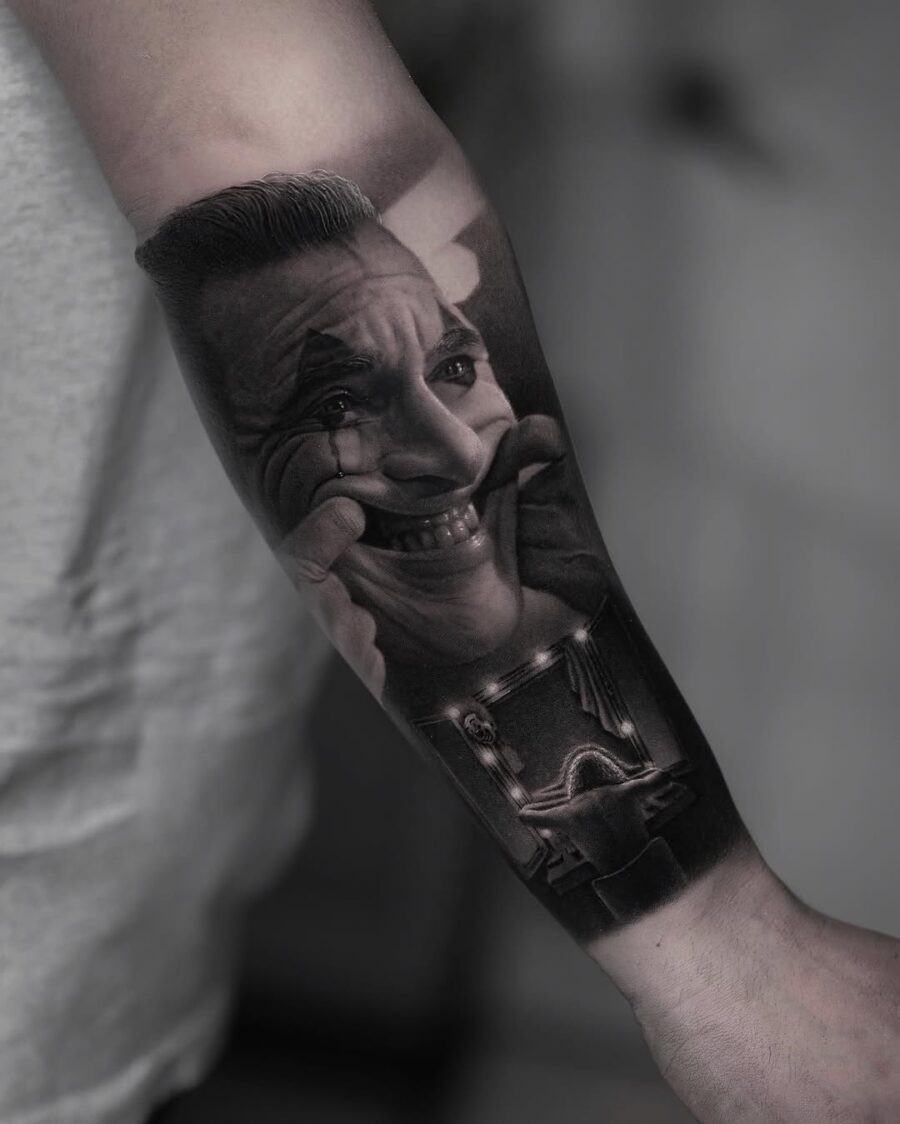 Intricate Joker Tattoo Showcasing Classic Expression Tattoo Design