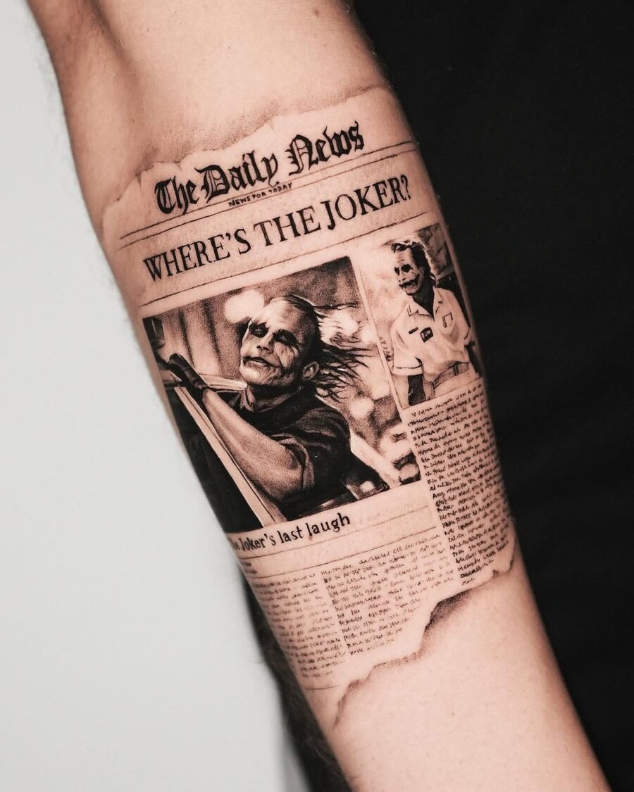 Intriguing Joker tattoo resembling a newspaper article Tattoo Design