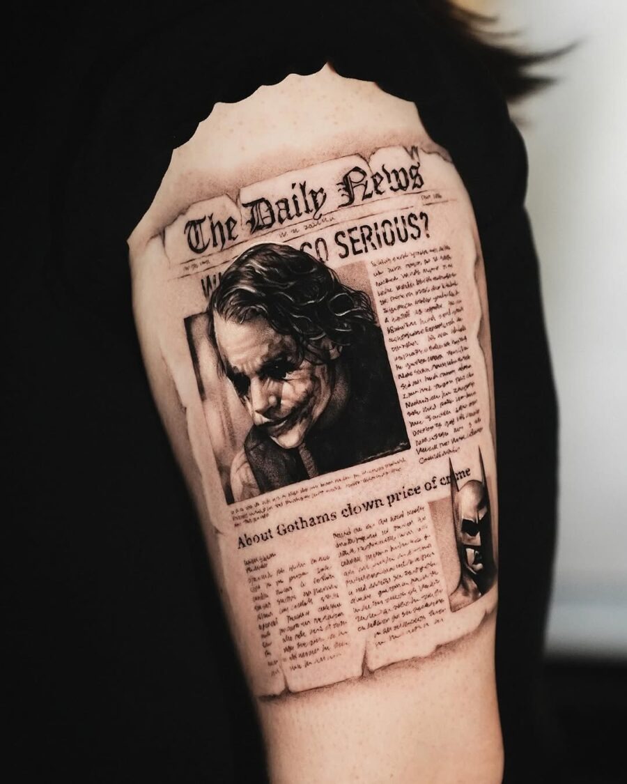 Intriguing Joker Tattoo with Newspaper Design Tattoo Design