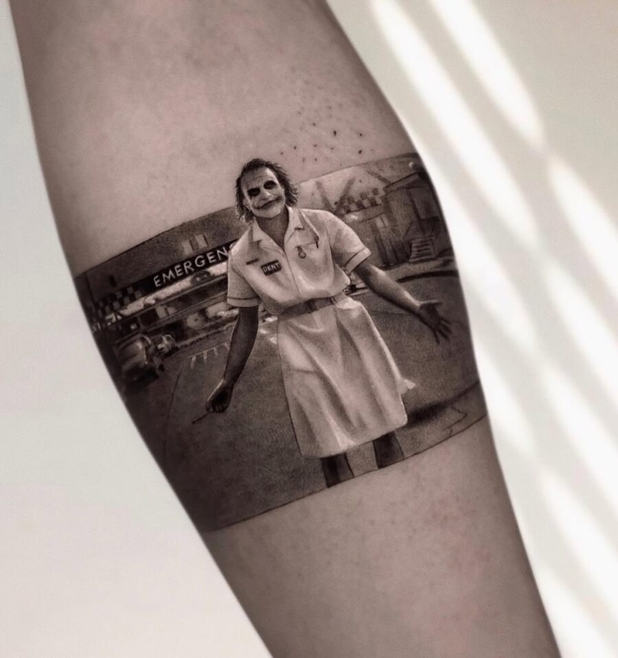Striking Joker Tattoo with Nurse Theme Tattoo Design