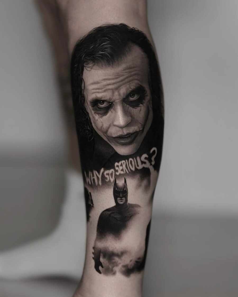 Striking Joker-themed leg tattoo with Batman Tattoo Design