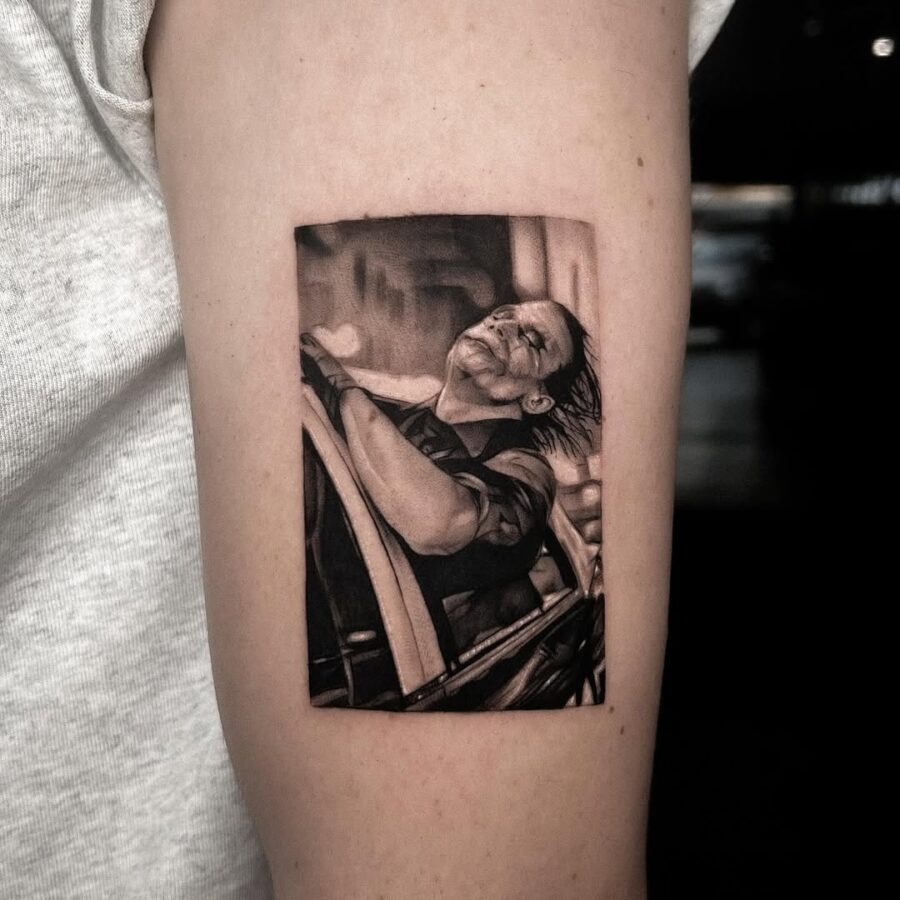 Stunning Joker Tattoo in Dynamic Car Scene Tattoo Design