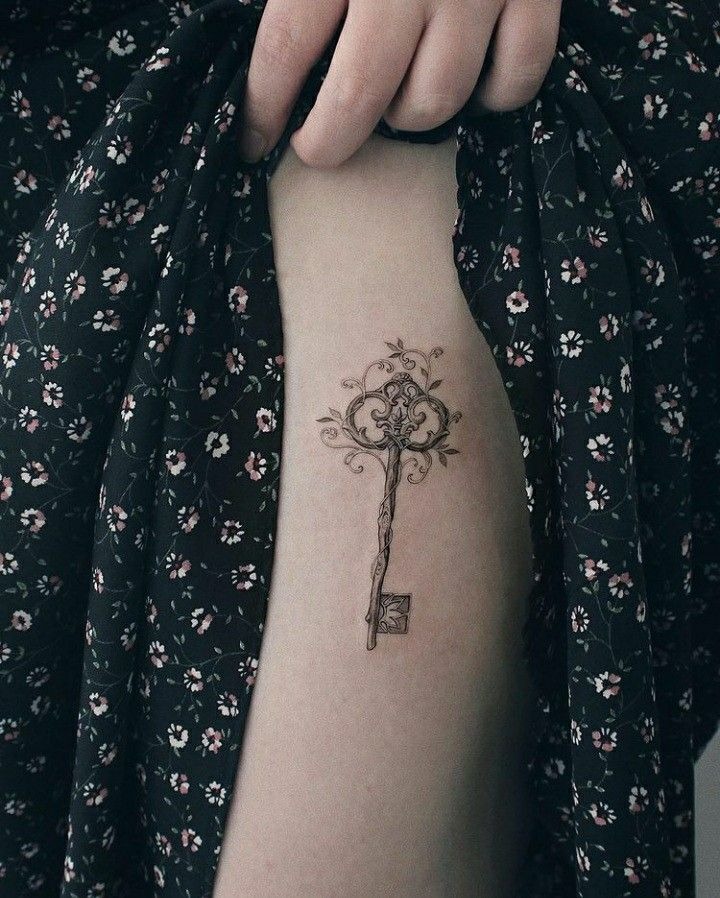 Delicate Botanical Key Tattoo Tattoo Design