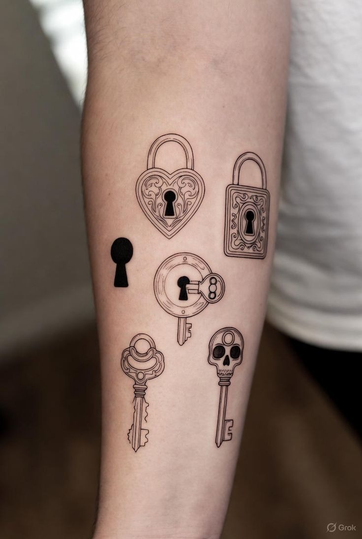 Mixed Key and Lock Flash Collection Tattoo Design