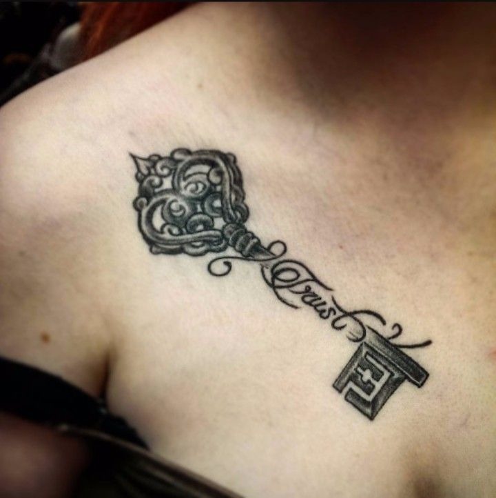 Script and Ornate Key Collarbone Tattoo Tattoo Design