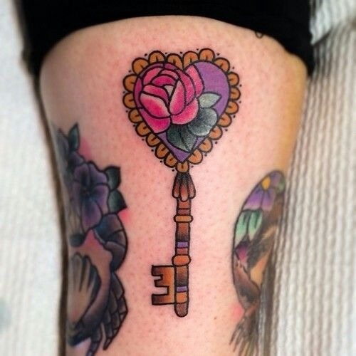 Traditional Rose Heart Key Tattoo Design