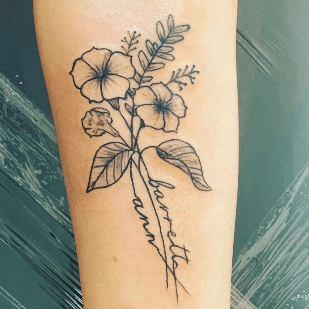 Feathers, Birds, & Name Tattoo Tattoo Design