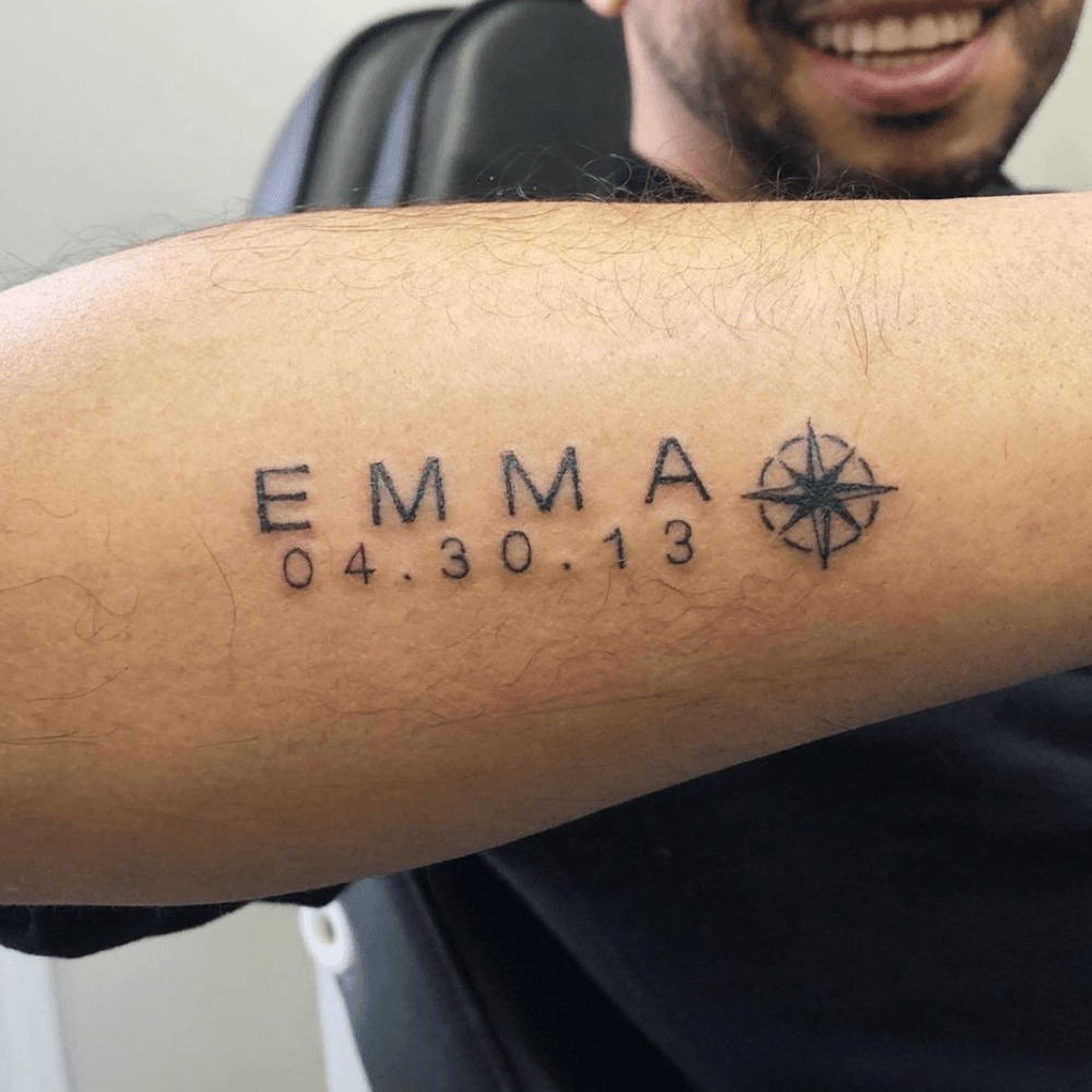 Kids Names in Cursive Separated by Red Hearts Tattoo Design