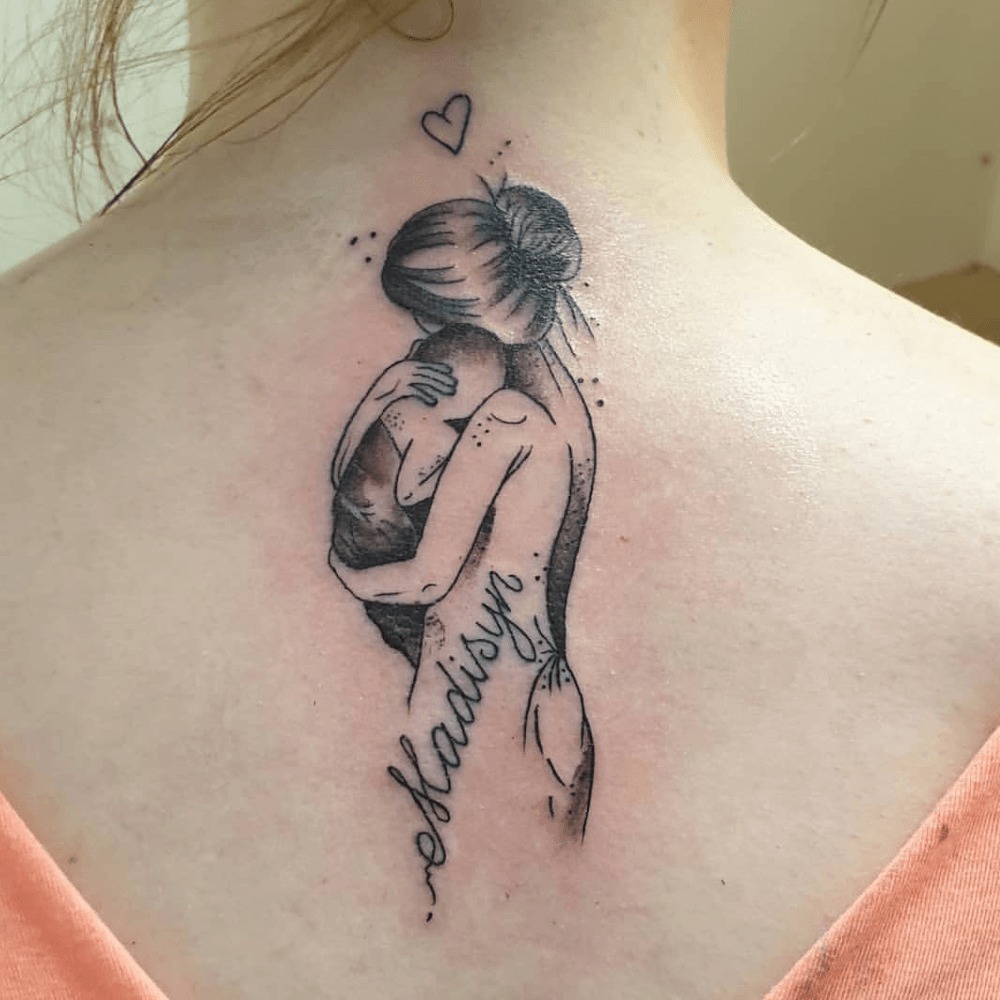 Mum & Son Tattoo with Name & Flowers Tattoo Design