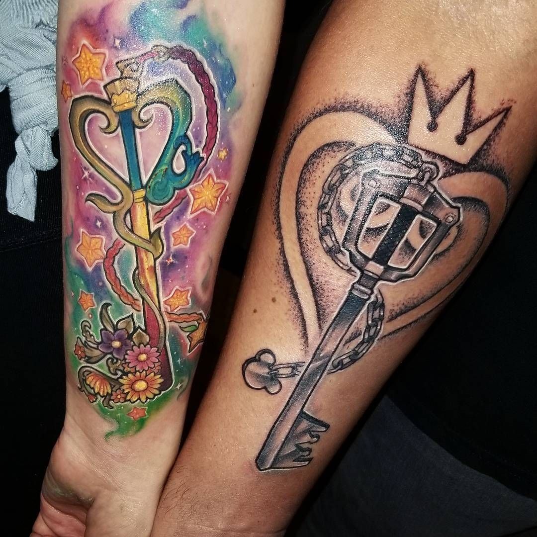 Colorful and Blackwork Keyblade Duo Tattoo Design