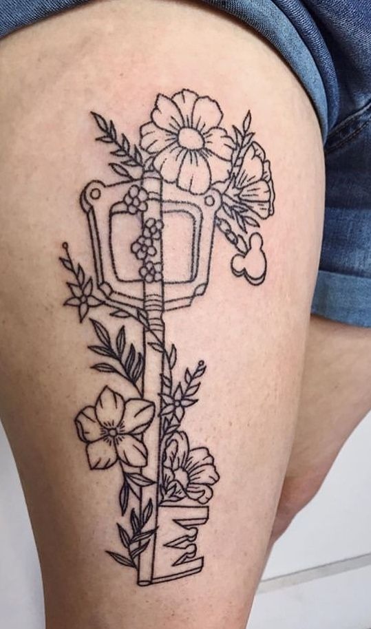 Floral Keyblade Linework on the Thigh Tattoo Design