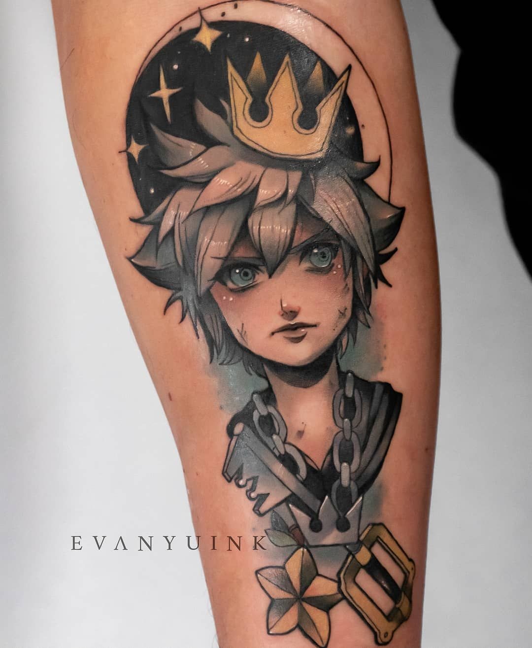 Night-Sky Roxas Portrait With Keyblade Charm Tattoo Design