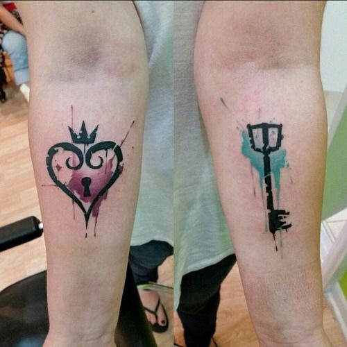 Split Heart and Key Matching Piece Tattoo Design