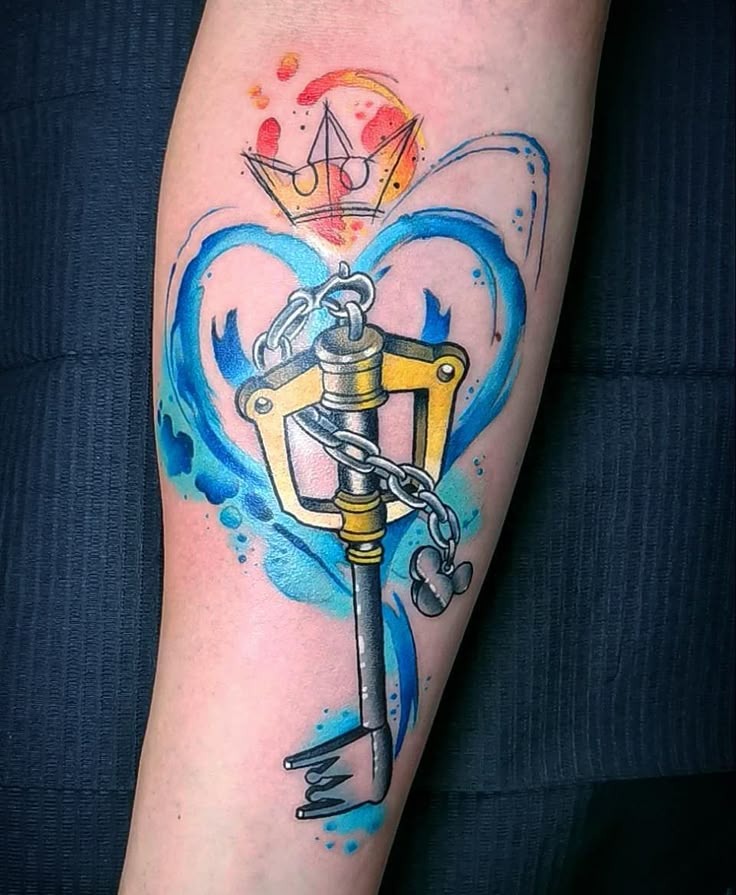 Watercolor Crown and Heart Keyblade Tattoo Design