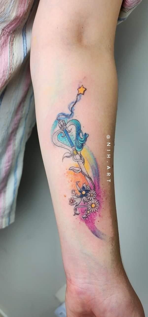 Watercolor Keyblade With Floral Trail Tattoo Design