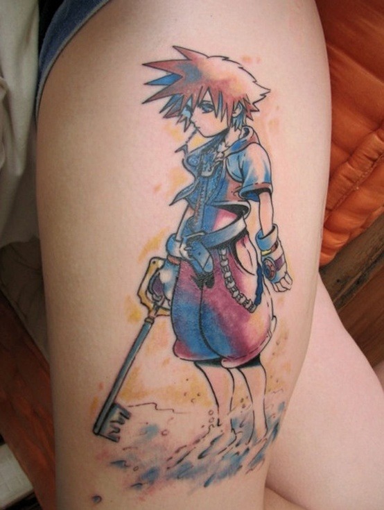 Watercolor Sora Thigh Piece Tattoo Design