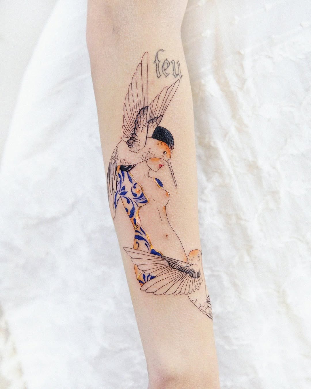 Elegant Kintsugi-Inspired Bird and Body Tattoo Tattoo Design
