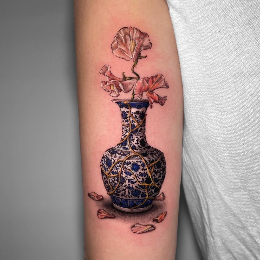 Intricate floral vase kintsugi tattoo design Tattoo Design