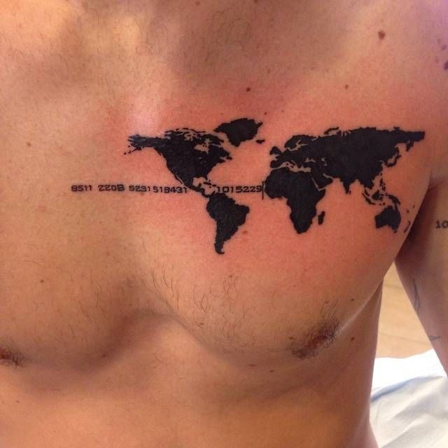Bold Black World Map on Chest Tattoo Design