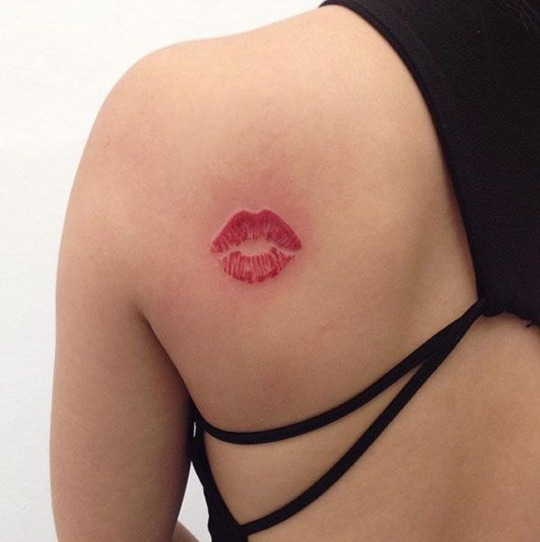 Classic Red Lipstick Kiss on Shoulder Tattoo Design