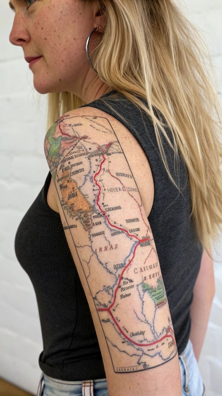 Color Map Sleeve with Travel Route Tattoo Design