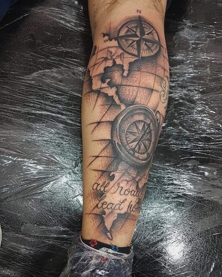 Compass and World Map Realism Tattoo Tattoo Design