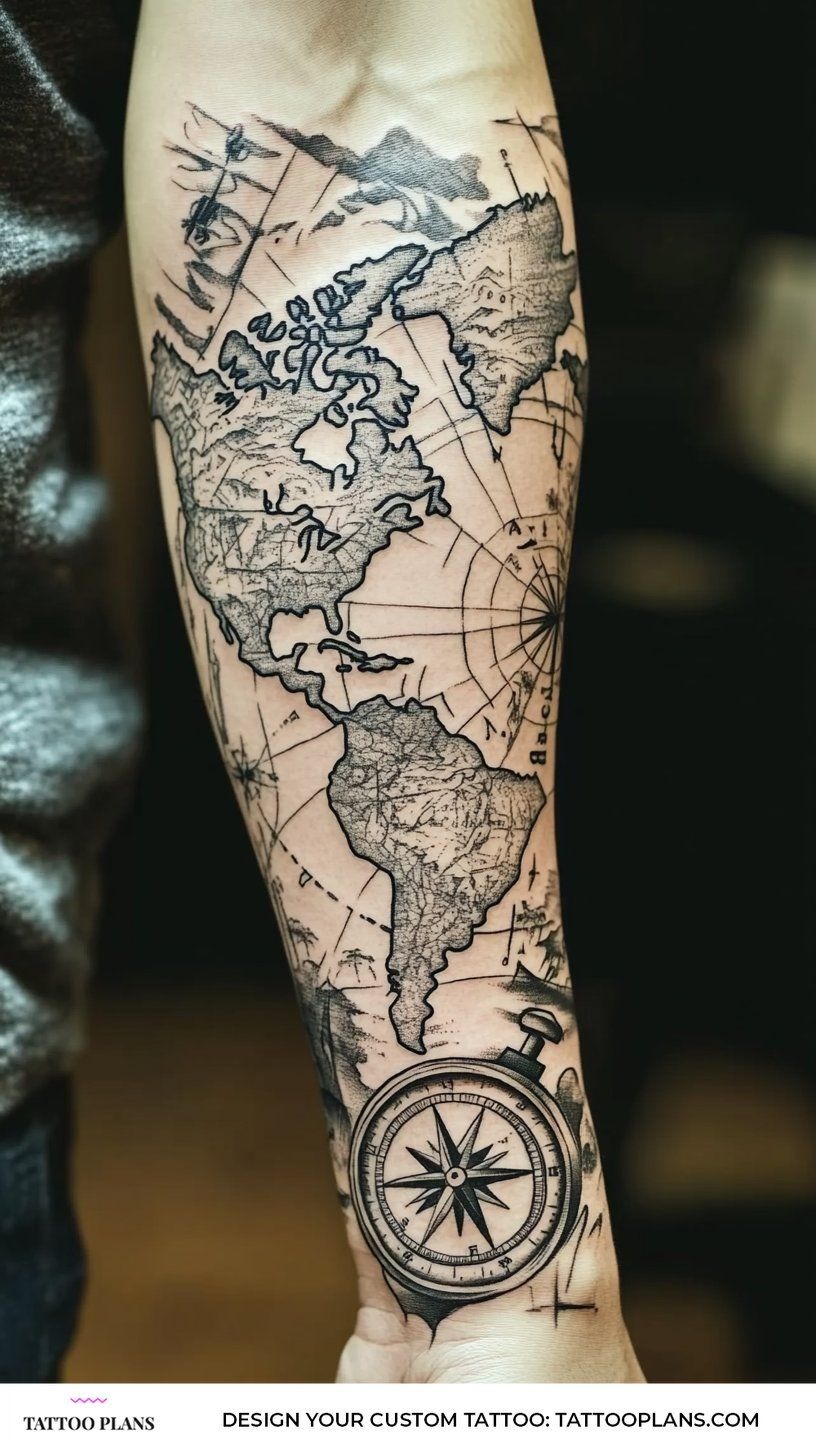 Detailed Compass and Map Sleeve Tattoo Design
