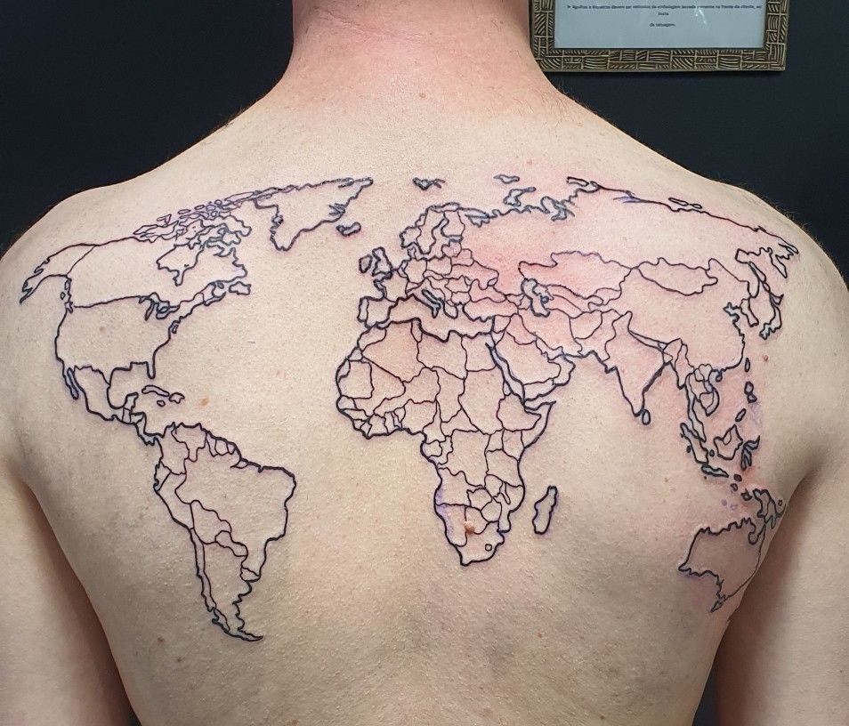 Full Back World Map Outline Tattoo Design
