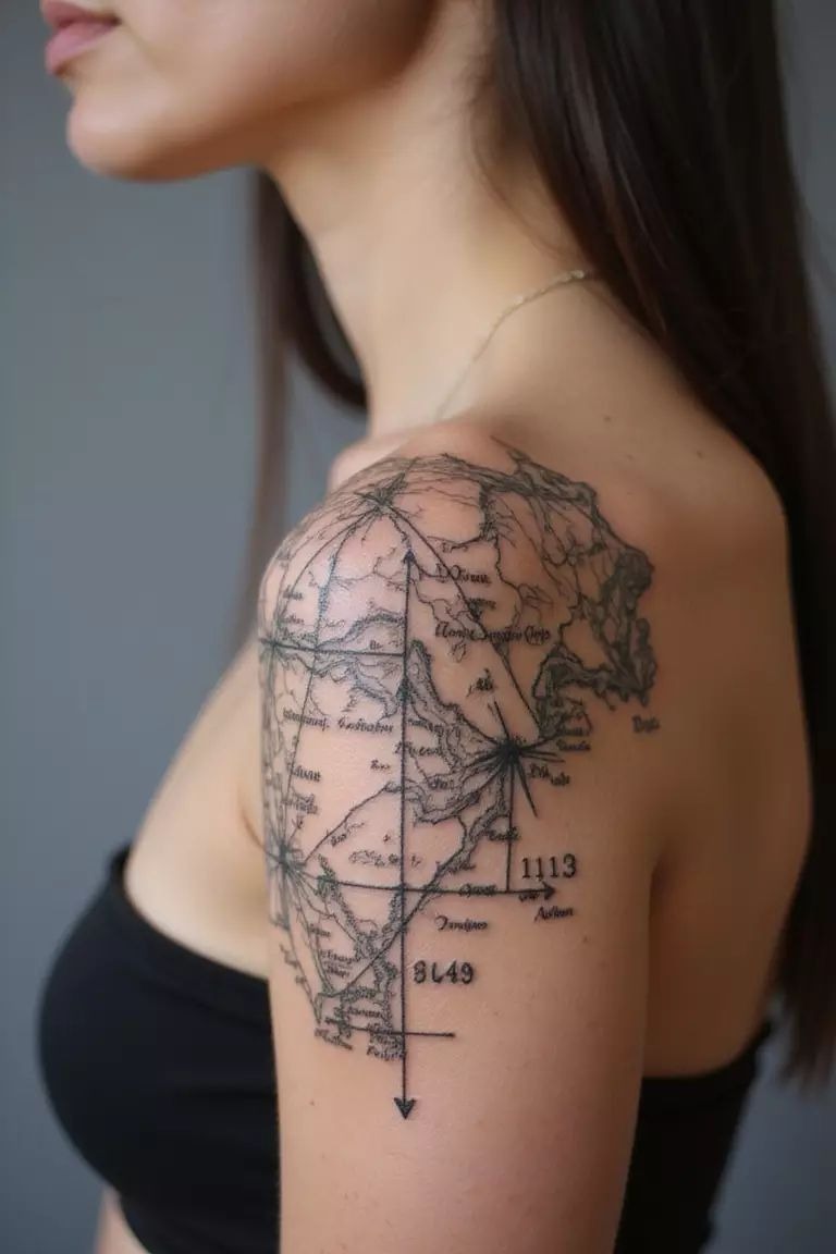 Map-Inspired Shoulder Kiss Piece Tattoo Design
